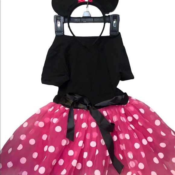 Minnie Mouse Birthday Girl 4T Pink Polka Tulle White Polka Dots Dress Headband - Picture 2 of 9